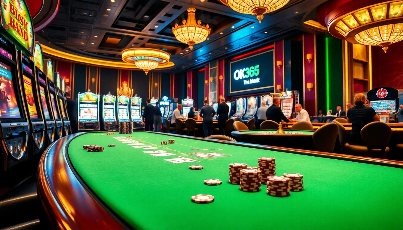 Players enjoying a thrilling gaming experience at AK365 casino tables with vibrant slot machines and poker chips.