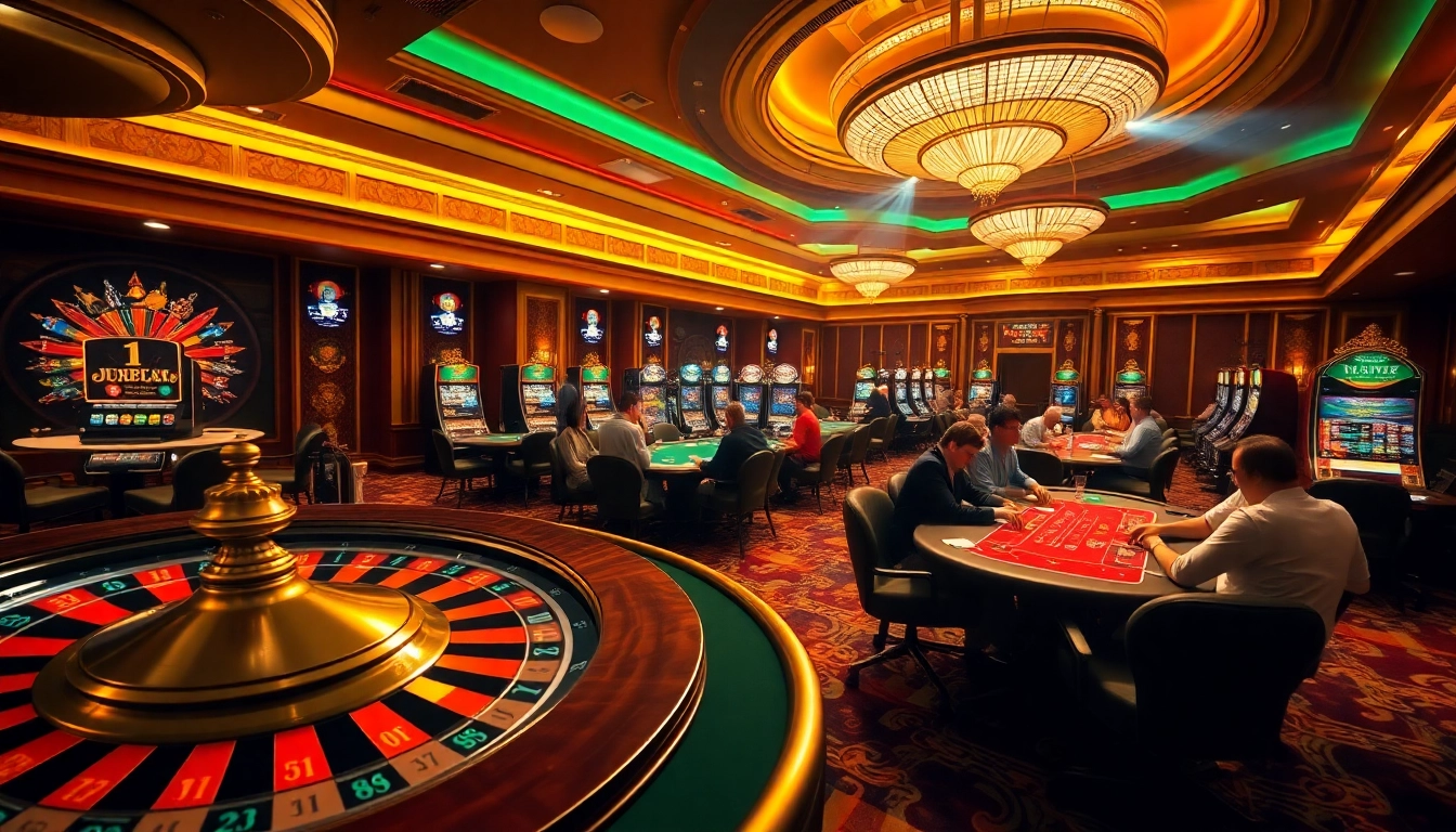 Excitement in a luxurious casino scene with players, roulette wheel and slot machines, embodying the essence of ok gaming.