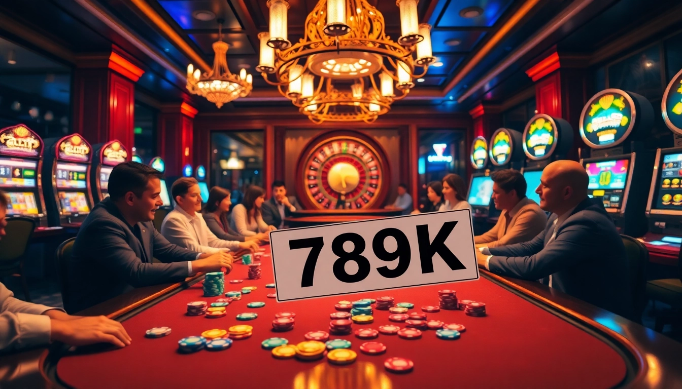 A thrilling casino scene where players engage at a poker table with vibrant chips, capturing the excitement of 789K bets.