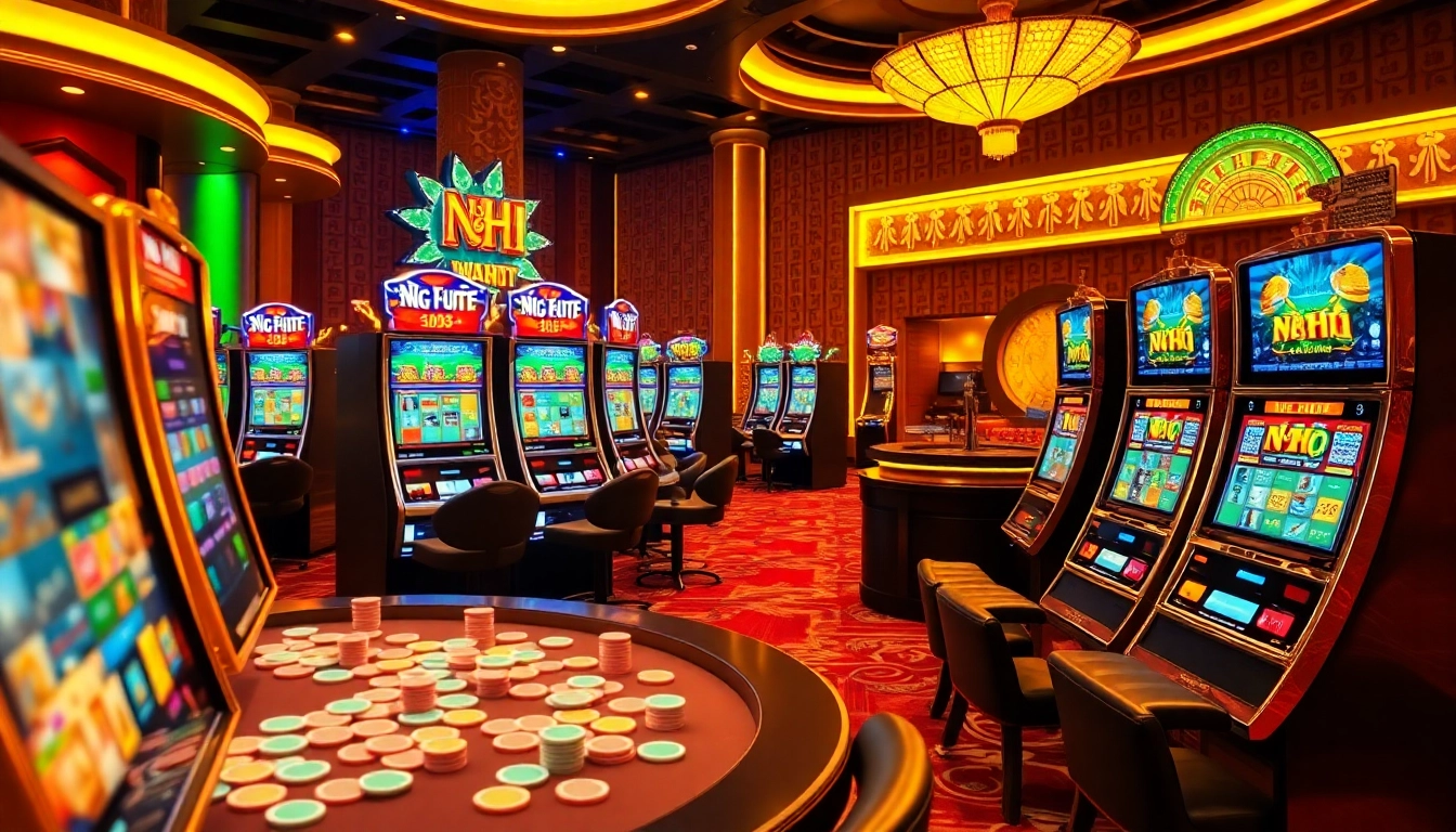 Engaging players at Nổ Hũ slot machines in a vibrant casino atmosphere.