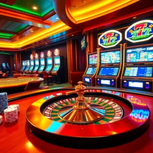 Playing exciting casino games at 7C77 featuring vibrant tables and spinning roulette wheels.