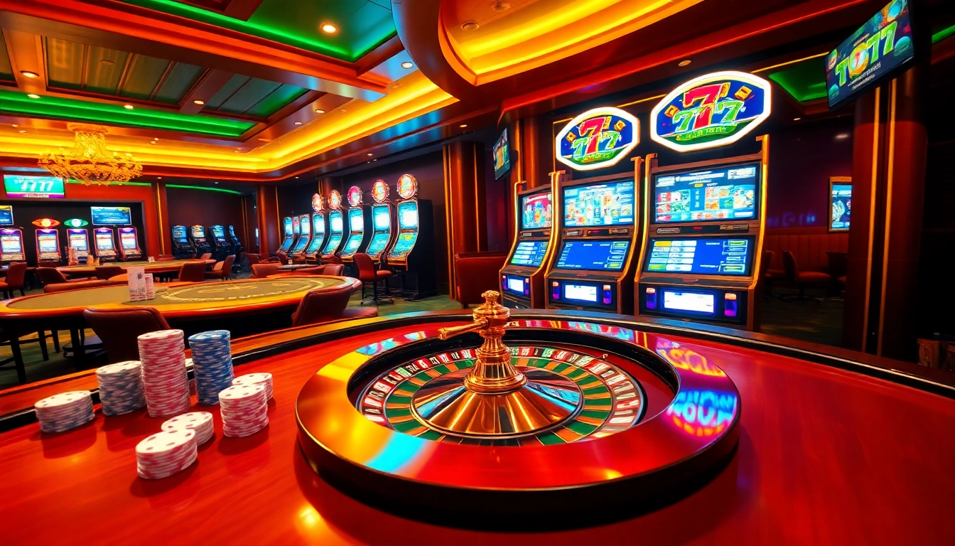Playing exciting casino games at 7C77 featuring vibrant tables and spinning roulette wheels.