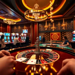 Players enjoying a luxurious DN88 casino experience with roulette, blackjack, and slots.