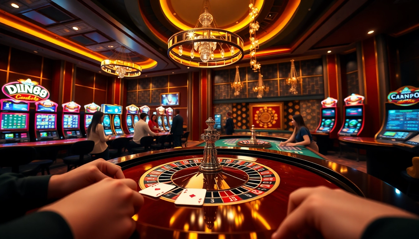 Players enjoying a luxurious DN88 casino experience with roulette, blackjack, and slots.