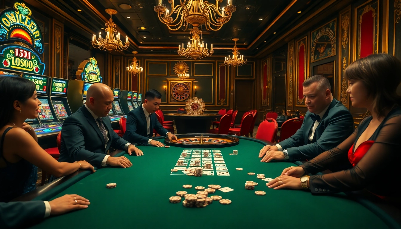 Play poker at Mu88 casino, surrounded by vibrant slot machines and a luxurious atmosphere.