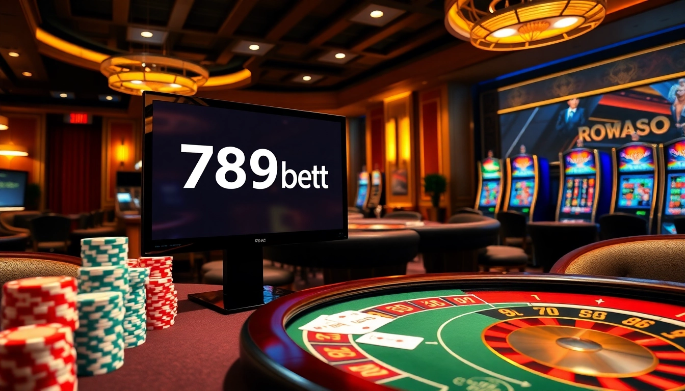 A vibrant online casino scene featuring 789bet with poker chips, roulette wheel, and digital betting interface.