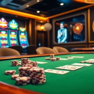 C168 poker table with high-stakes cards and vibrant casino atmosphere.