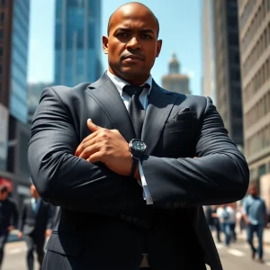 Hire bodyguard standing confidently in urban setting, exuding strength and professionalism.