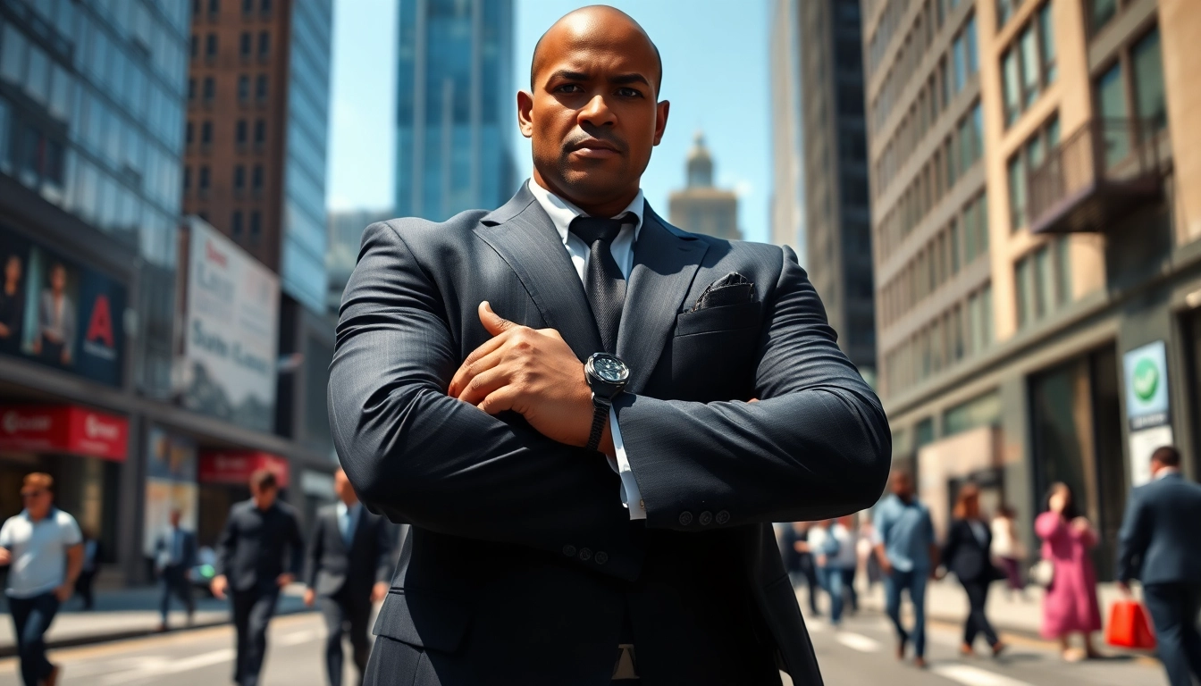 Hire bodyguard standing confidently in urban setting, exuding strength and professionalism.