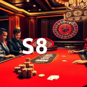 High-stakes moment at a poker table in a luxurious casino, showcasing S8 gaming excitement.