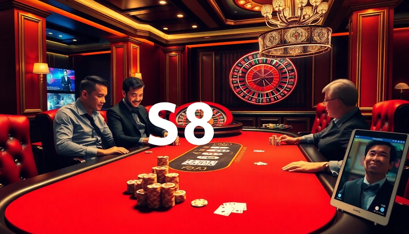 High-stakes moment at a poker table in a luxurious casino, showcasing S8 gaming excitement.