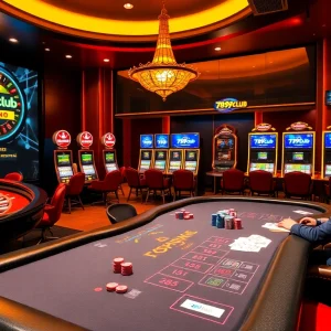 Experience a thrilling game at 789club with vibrant casino elements like poker tables and slots.
