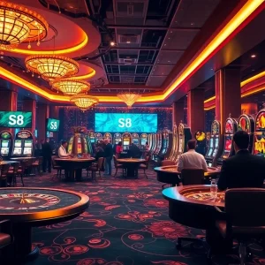 Experience thrilling gambling action at S8's luxury casino with vibrant tables and eager players.