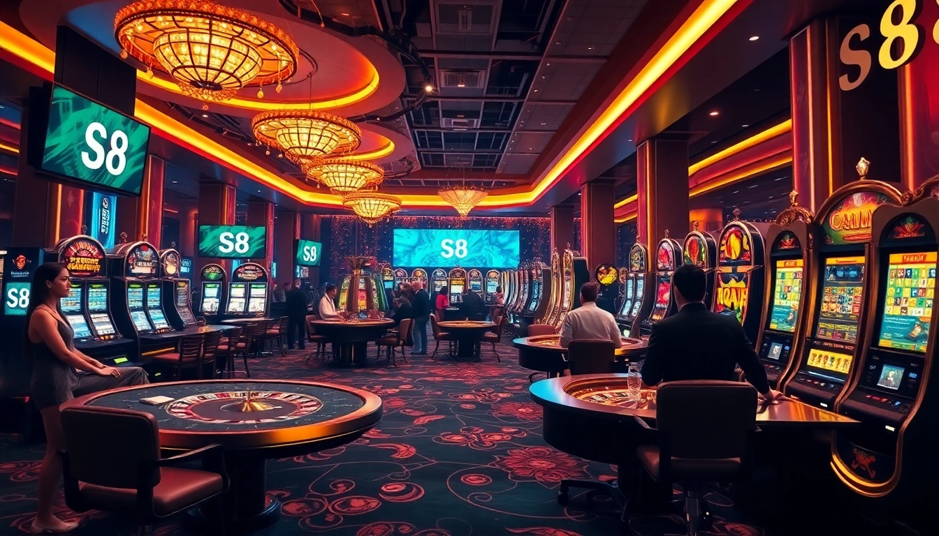Experience thrilling gambling action at S8's luxury casino with vibrant tables and eager players.