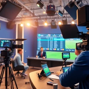 Engaging sportscaster in a professional sports broadcasting studio with advanced equipment.