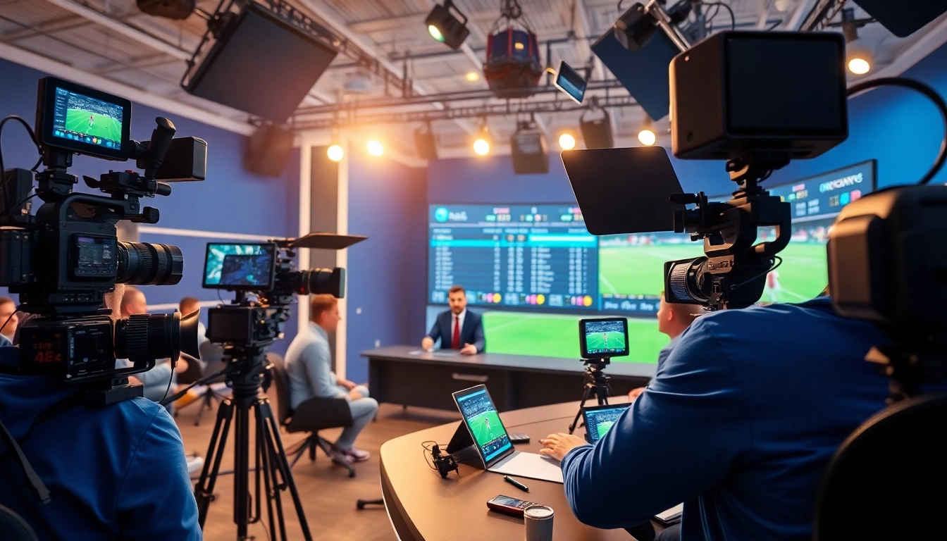 Engaging sportscaster in a professional sports broadcasting studio with advanced equipment.