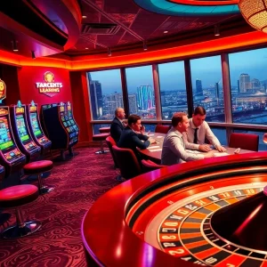 Experience the thrill of 13Win with vibrant slot machines and poker tables in a luxury casino.