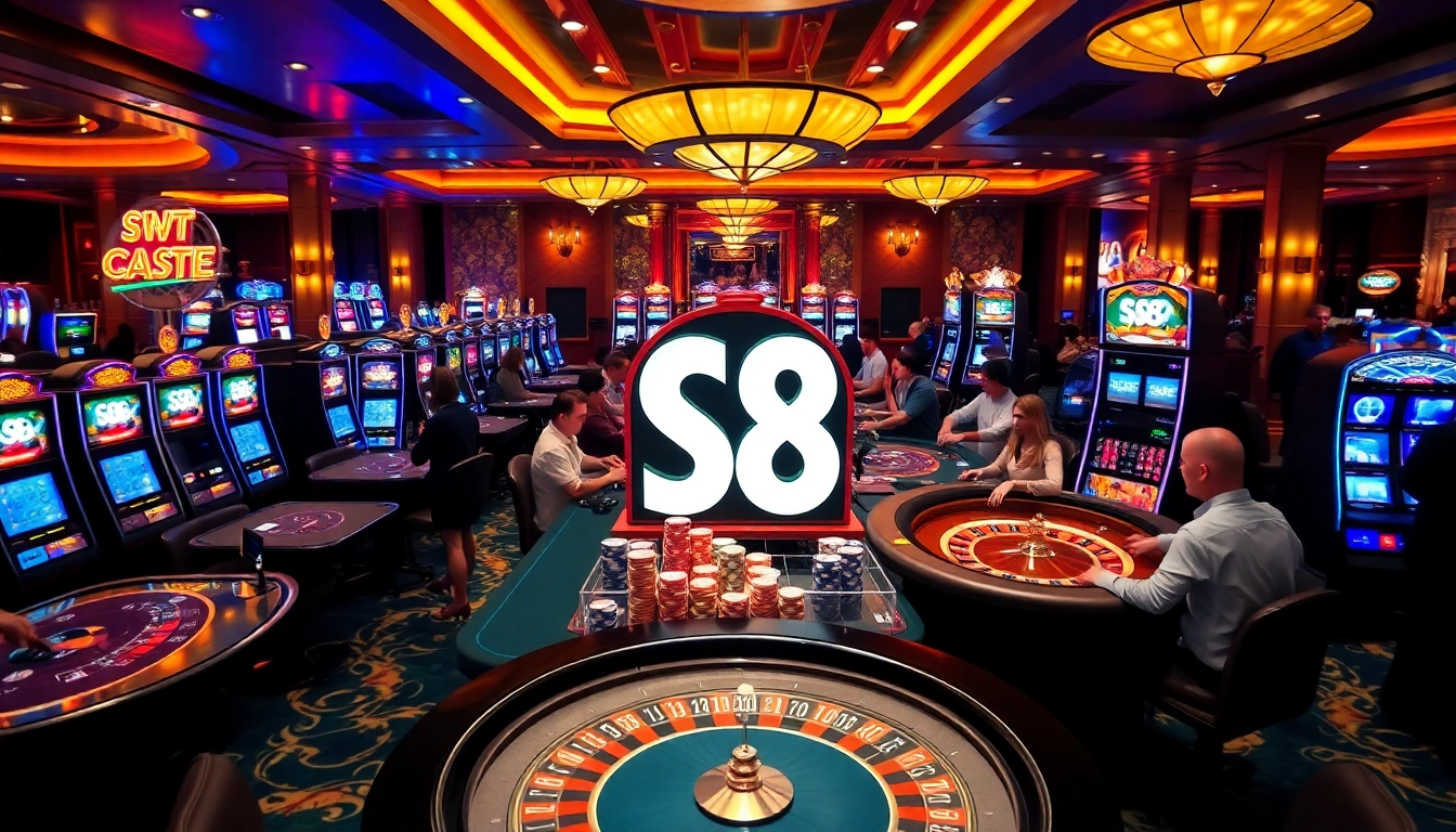 S8 casino scene showcasing thrilling gameplay with players at poker tables and vibrant slot machines.