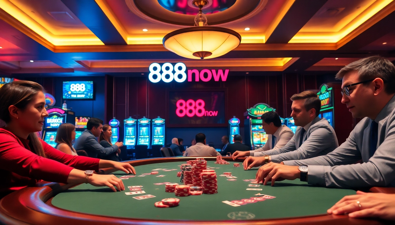 Exciting gameplay at 888now poker table with vibrant casino ambiance and colorful chips.