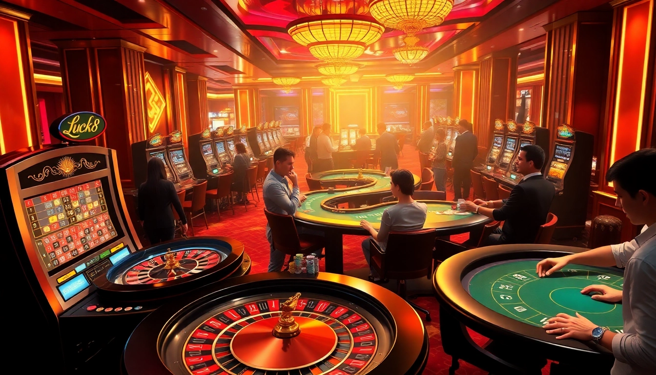 Players enjoying casino games at LUCK8, full of excitement and luxury in a vibrant atmosphere.