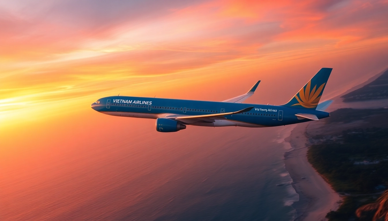 Airplane VN168 of Vietnam Airlines flying over Da Nang's coastline at sunset.