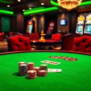 Experience the thrill of high-stakes poker at the luxurious tr88 casino table, featuring vibrant chips and cards.
