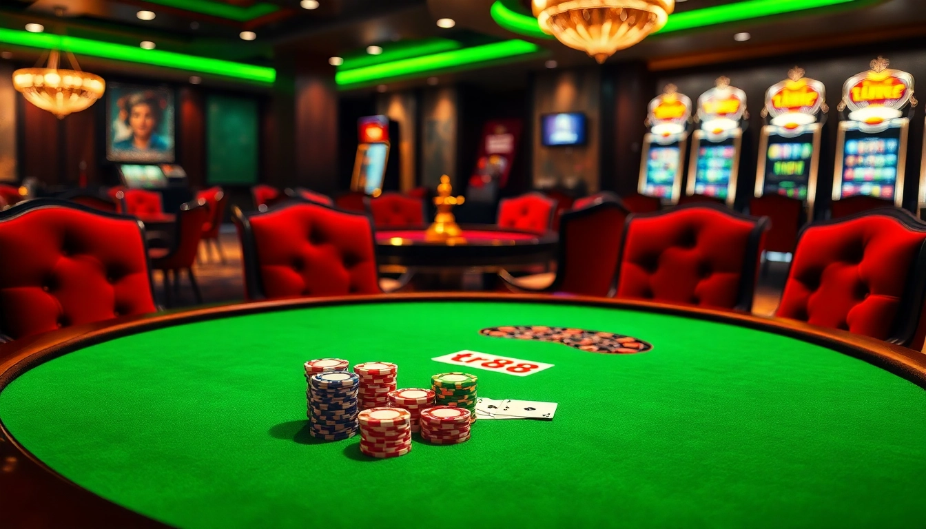 Experience the thrill of high-stakes poker at the luxurious tr88 casino table, featuring vibrant chips and cards.
