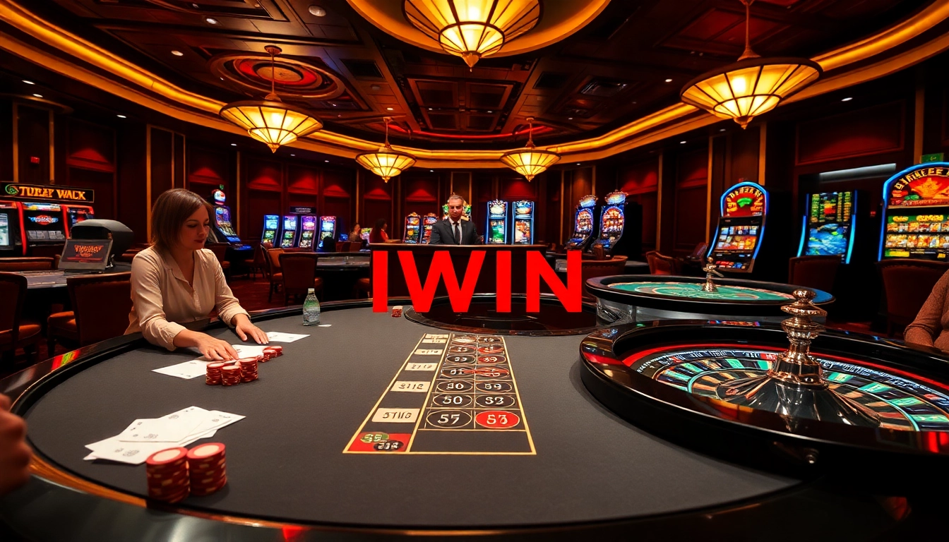 IWIN casino environment with players at a poker table and vibrant slot machines