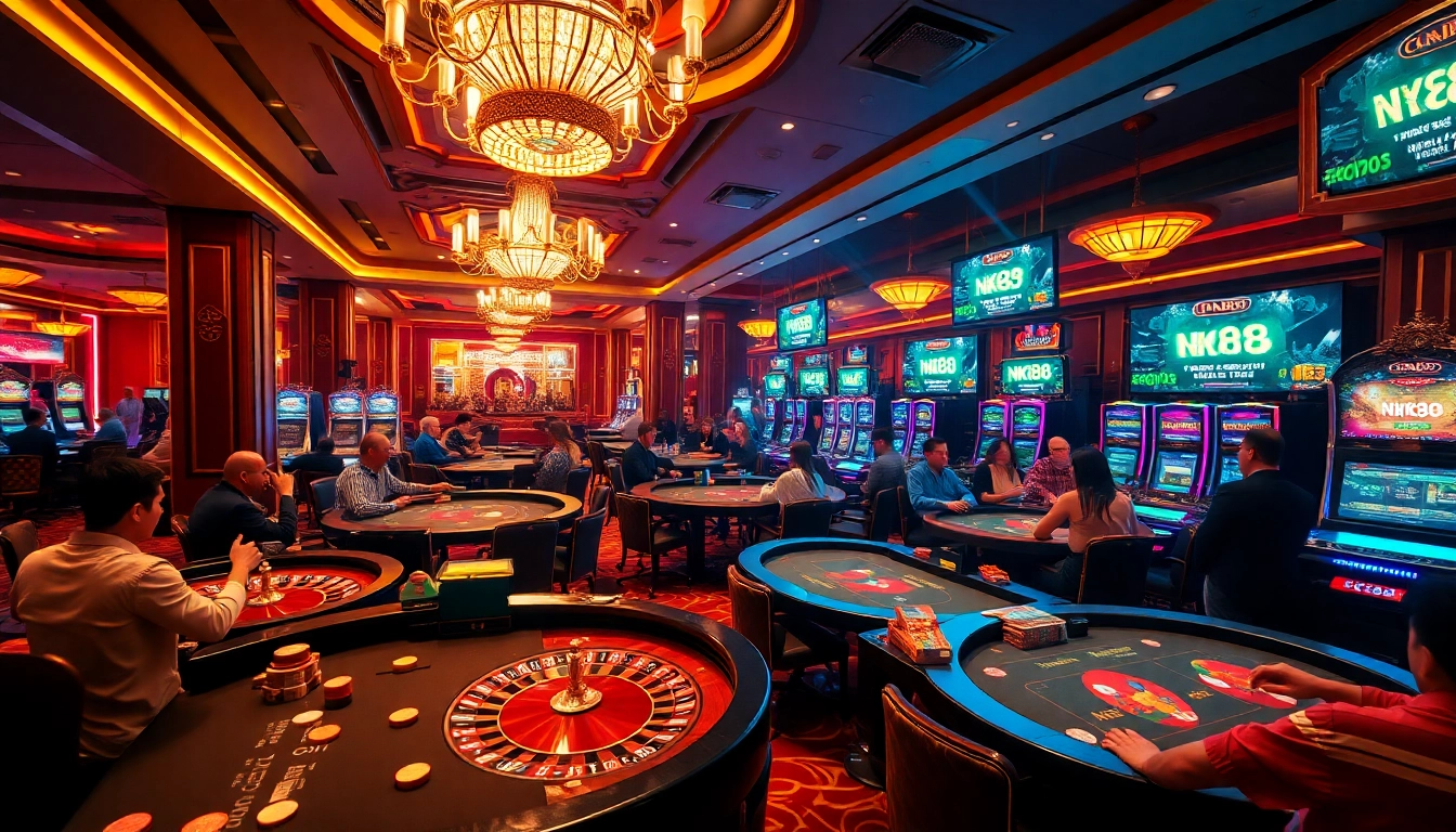 Exciting casino gameplay at nk88 with colorful slot machines and poker tables filled with players
