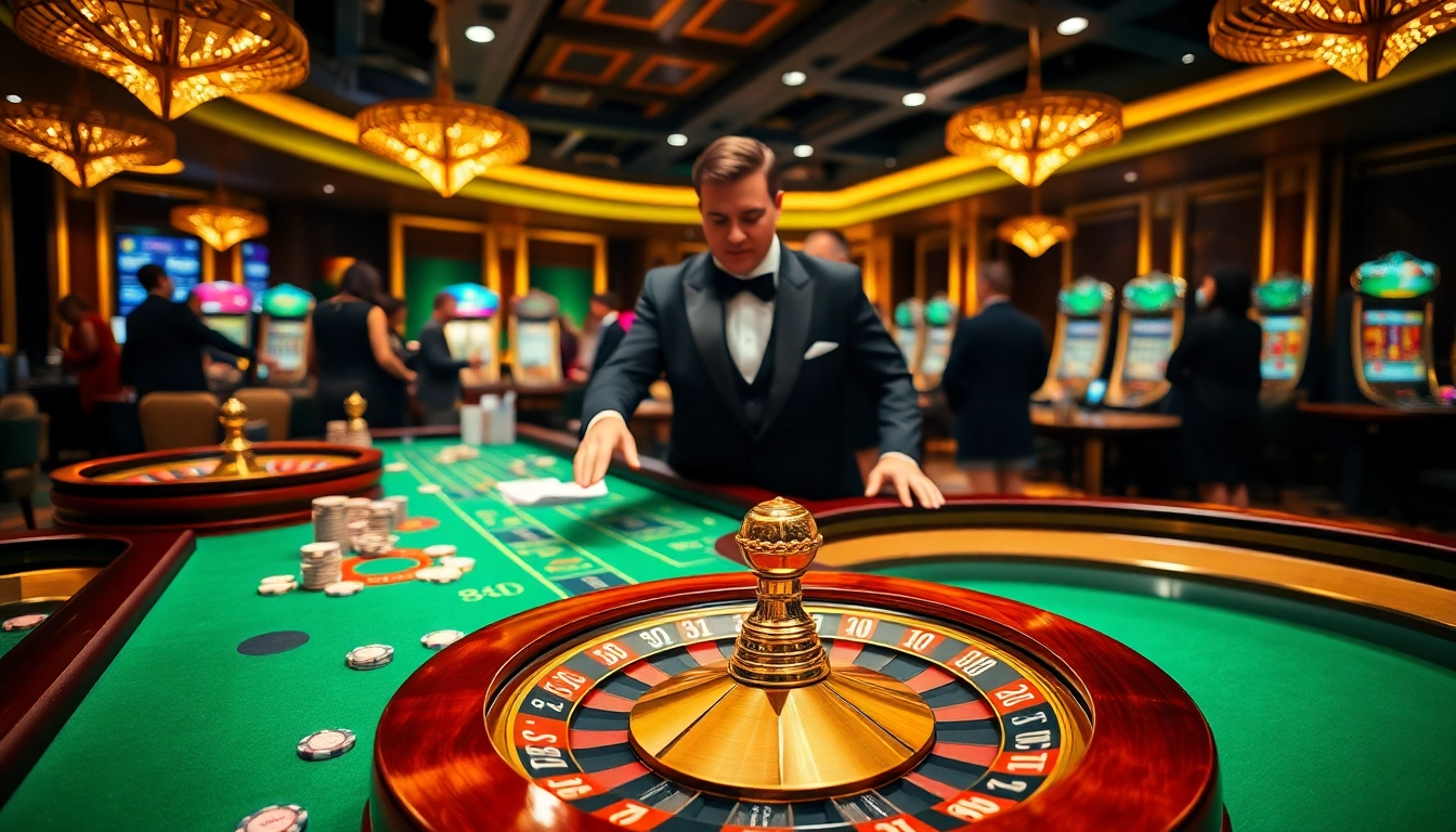 Engaging casino scene featuring tg88 win elements with poker chips, roulette wheel, and players.