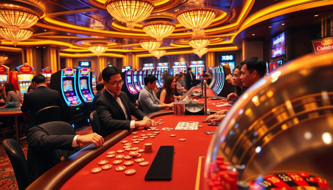 Players enjoying poker at the casino while betting with X88-themed poker chips.