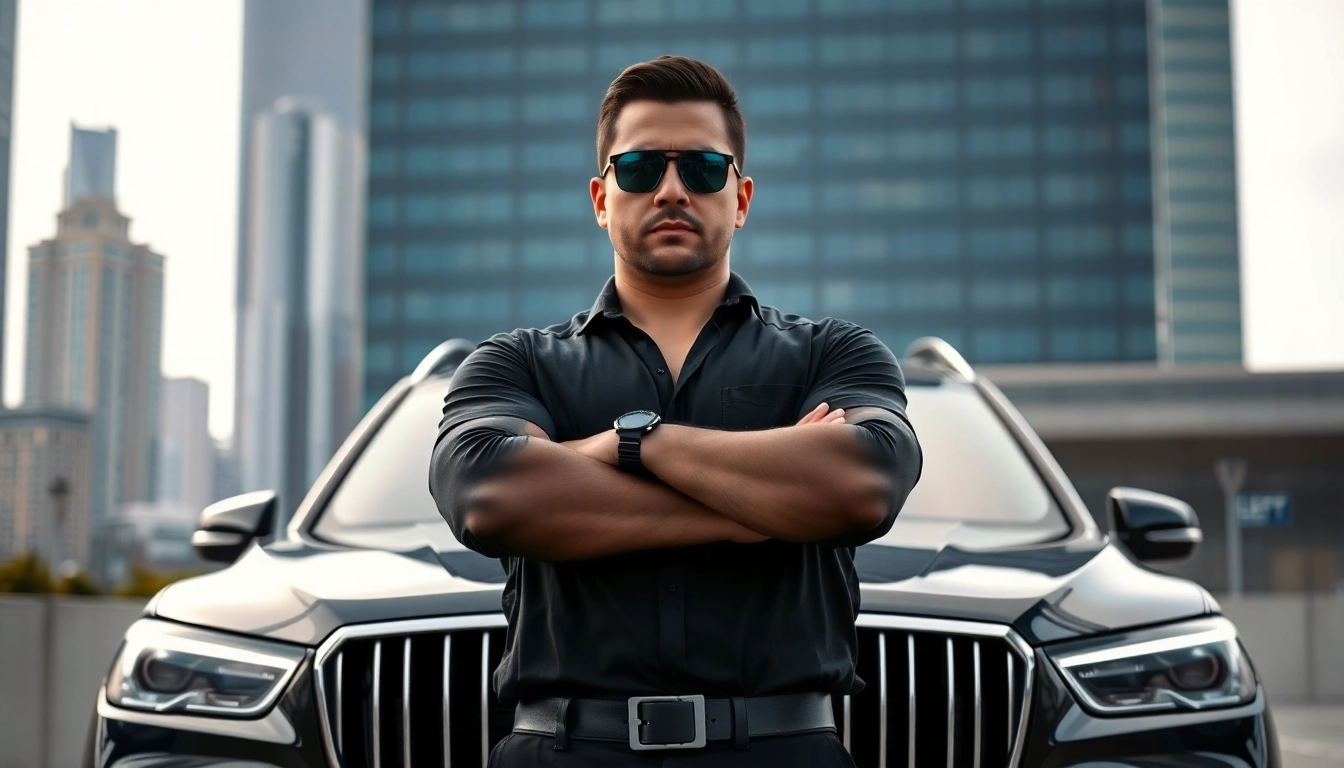 Hire bodyguard standing confidently in an urban setting, showcasing professionalism and readiness.