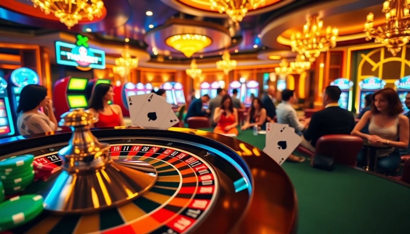 Players enjoying the thrill of THA BET at a luxurious casino with vibrant roulette and poker chips.