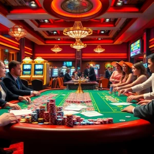 Players at a casino table celebrating their luckywin lottery result with vibrant chips and cards.