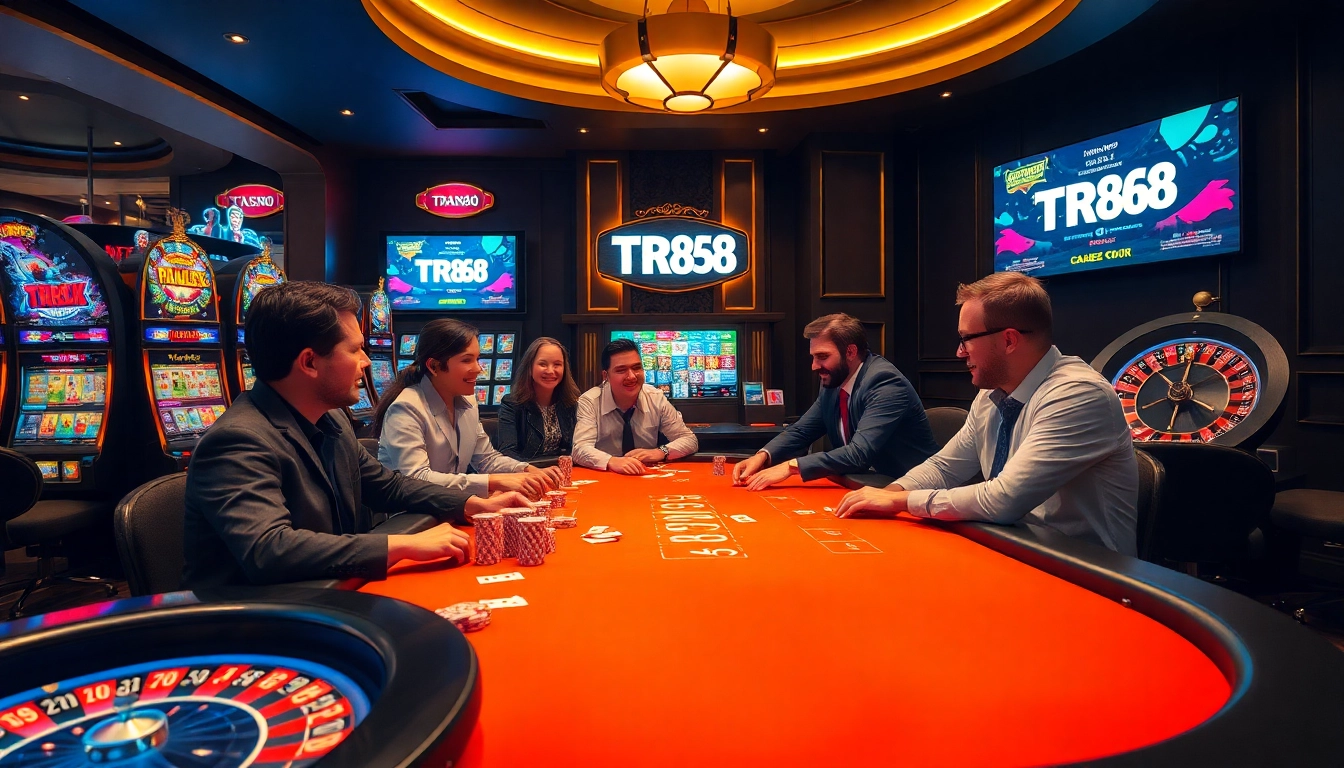 Players enjoying a high-stakes TR88 poker game at a luxurious casino table