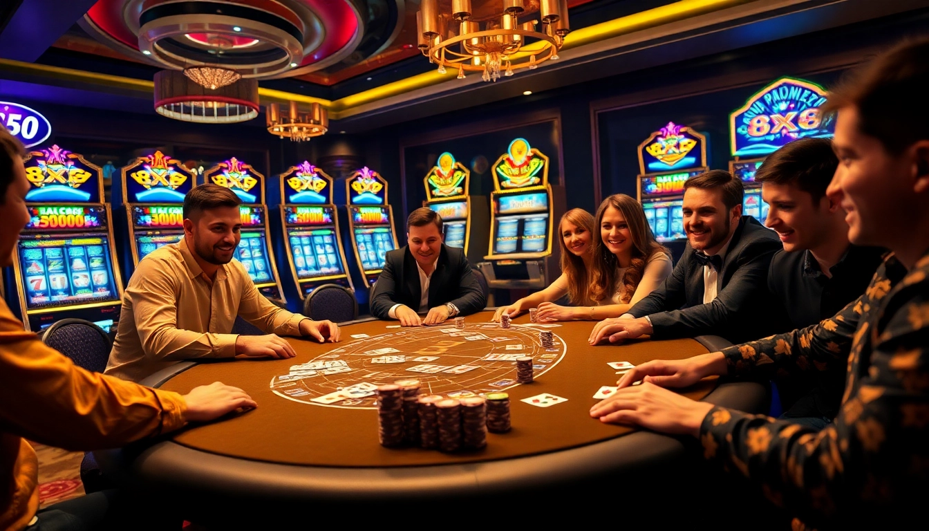 Players enjoying a thrilling game at a luxurious casino table representative of 8xbet betting excitement.