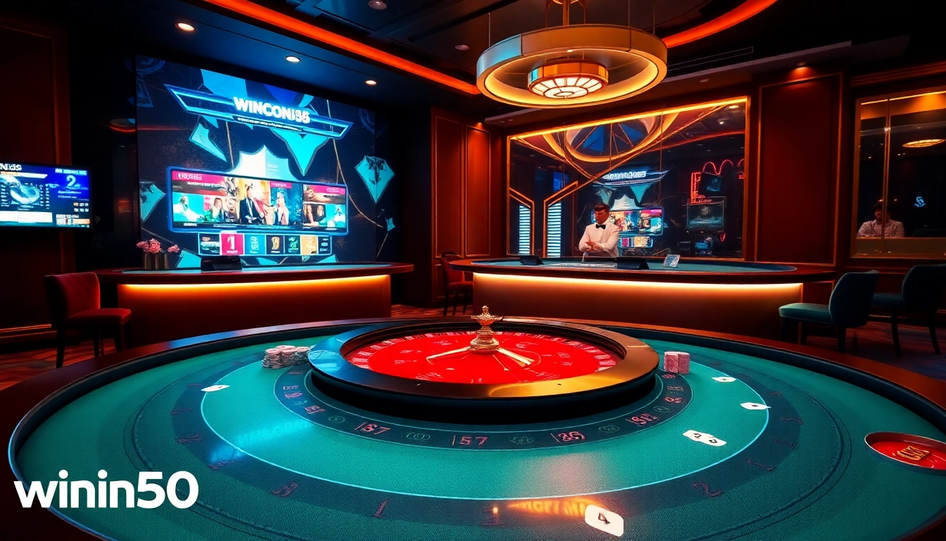 Engaging win55 online casino scene showcasing vibrant gaming tables and professional dealers.