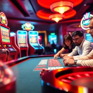Players enjoying a thrilling game at LC88 online casino with vibrant slot machines and roulette tables.