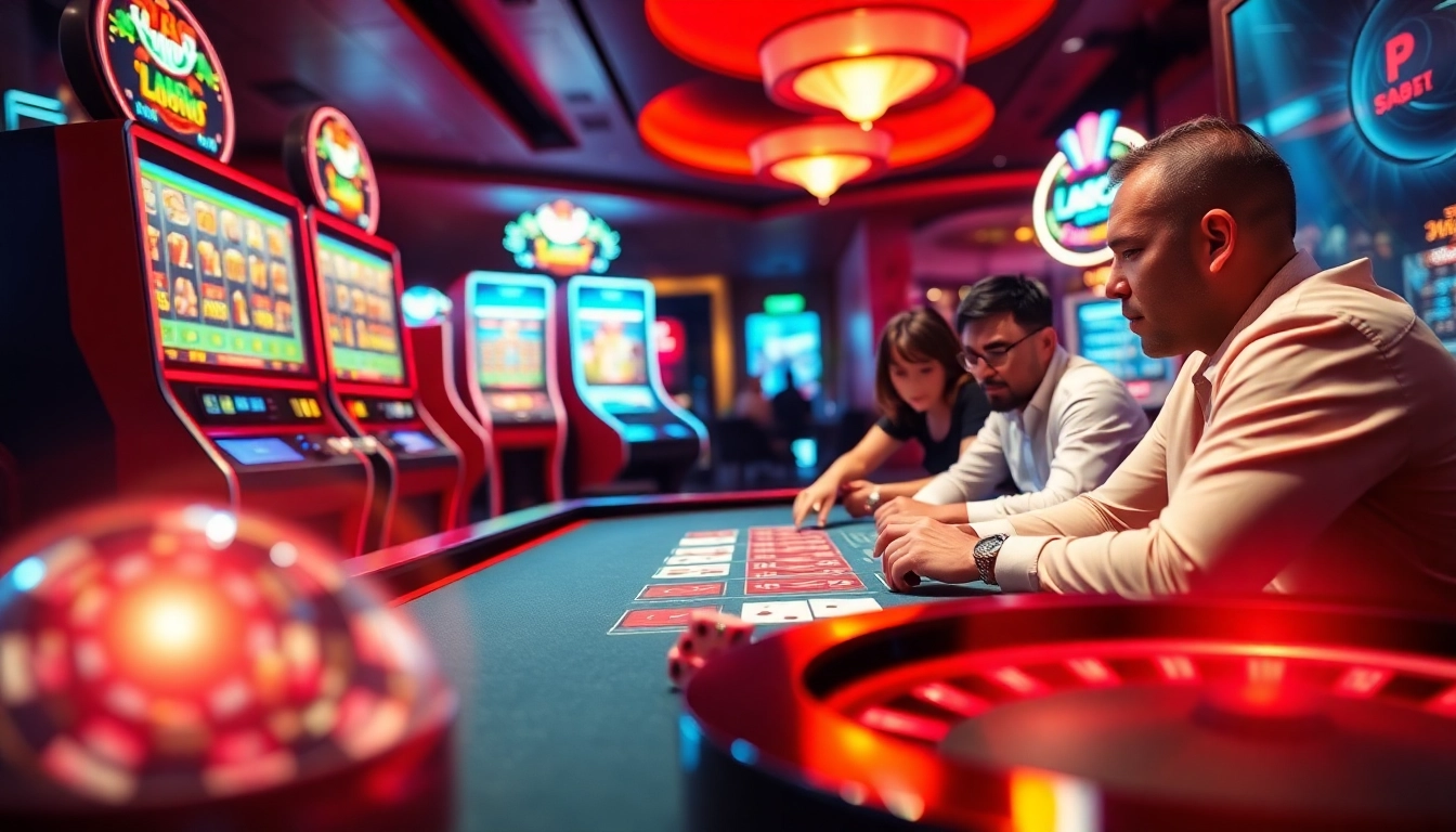 Players enjoying a thrilling game at LC88 online casino with vibrant slot machines and roulette tables.