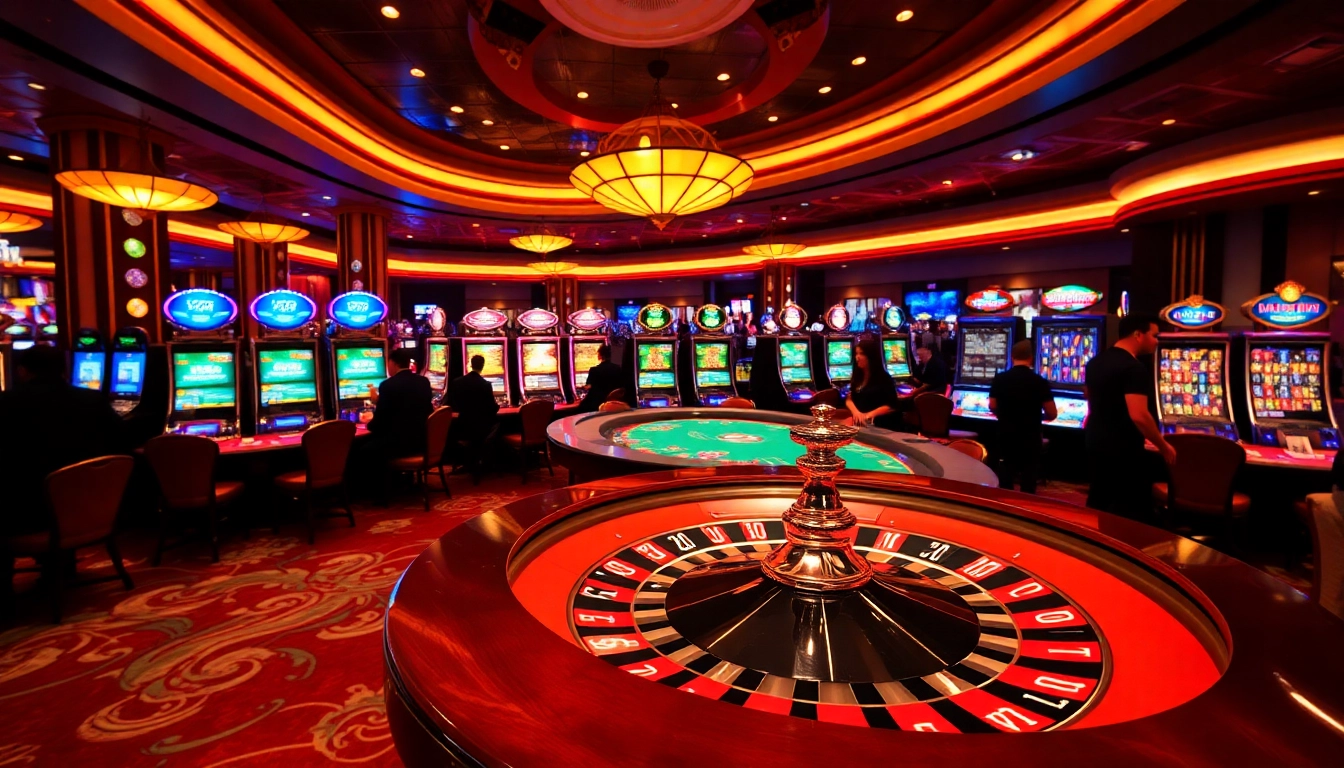 Engaging scene of MM88 casino with poker tables, roulette wheel, and slot machines.