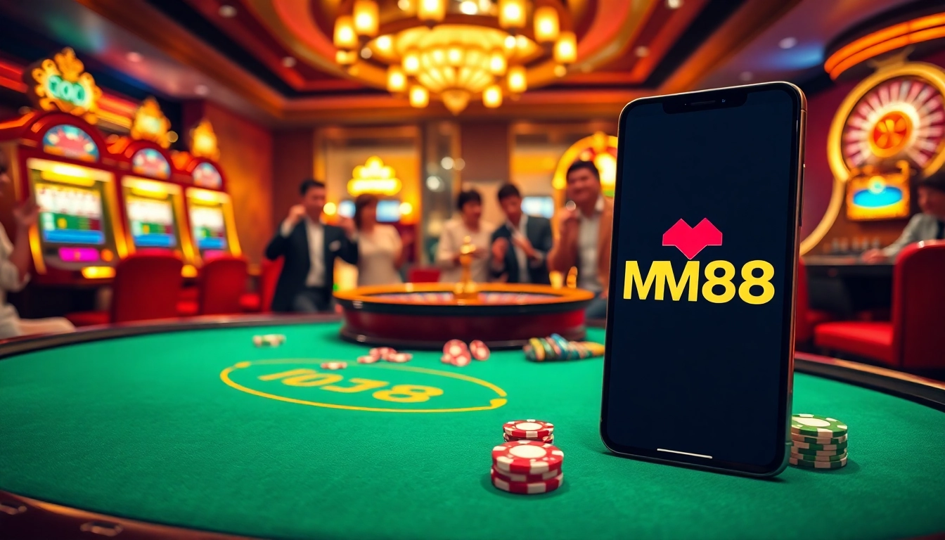 Experience excitement at MM88's vibrant casino with poker tables and slot machines.