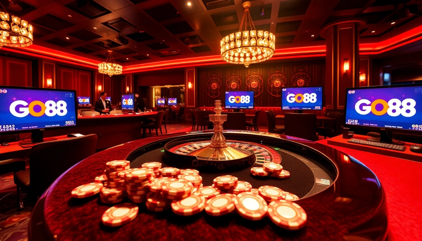Experience the excitement of GO88 with vibrant poker tables and lively gaming atmosphere.