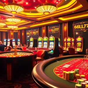 Players enjoying an exciting game at a casino table featuring 6L777 chips and cards.