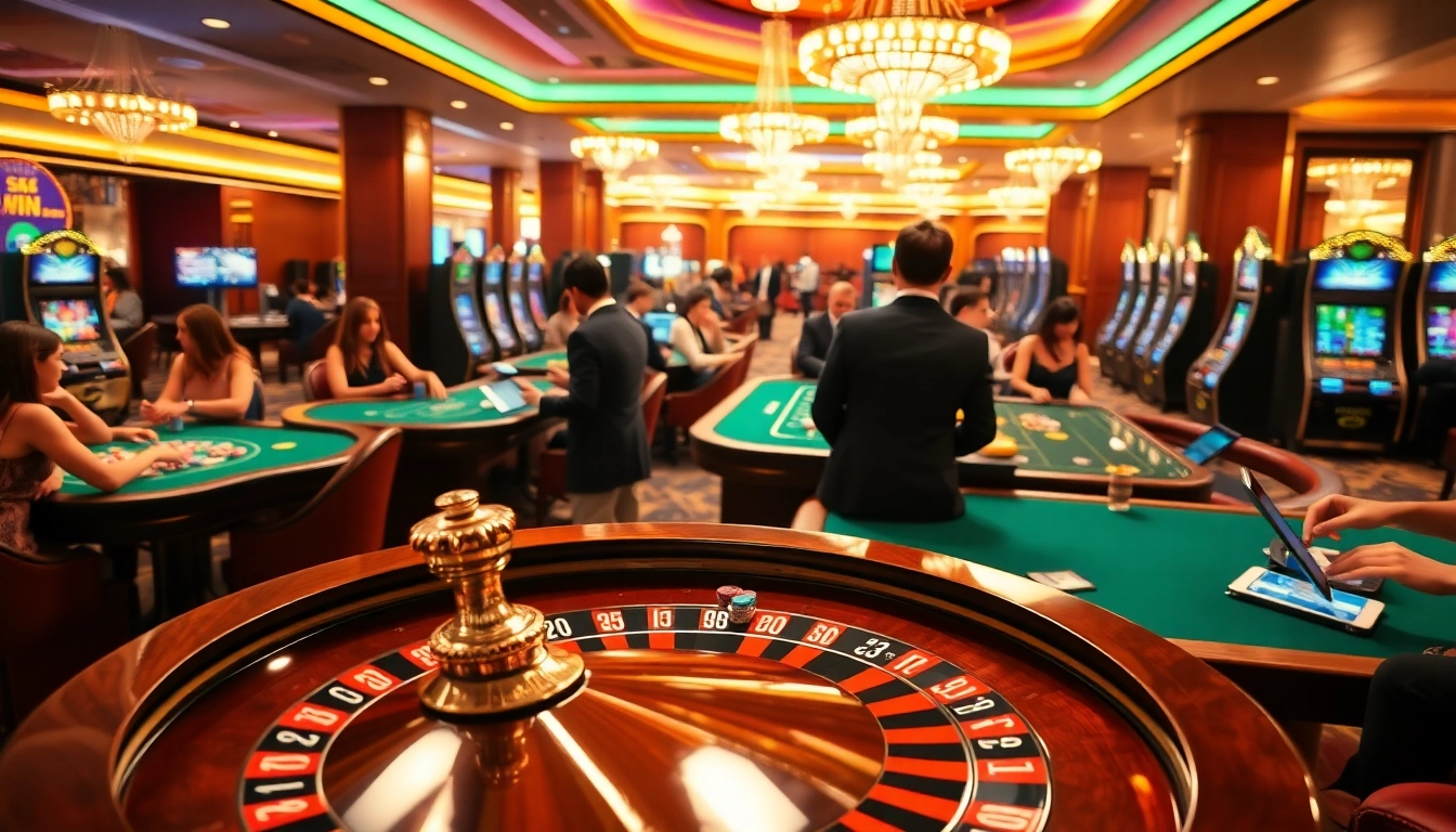 Casino excitement with 56WIN table games, bright roulette wheel, and happy gamblers.