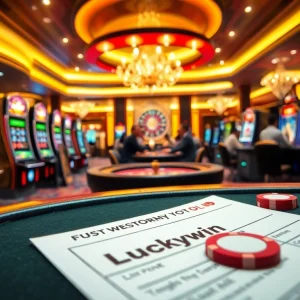 Exciting casino scene featuring Luckywin branded tables, thrilling games, and vibrant decorations.