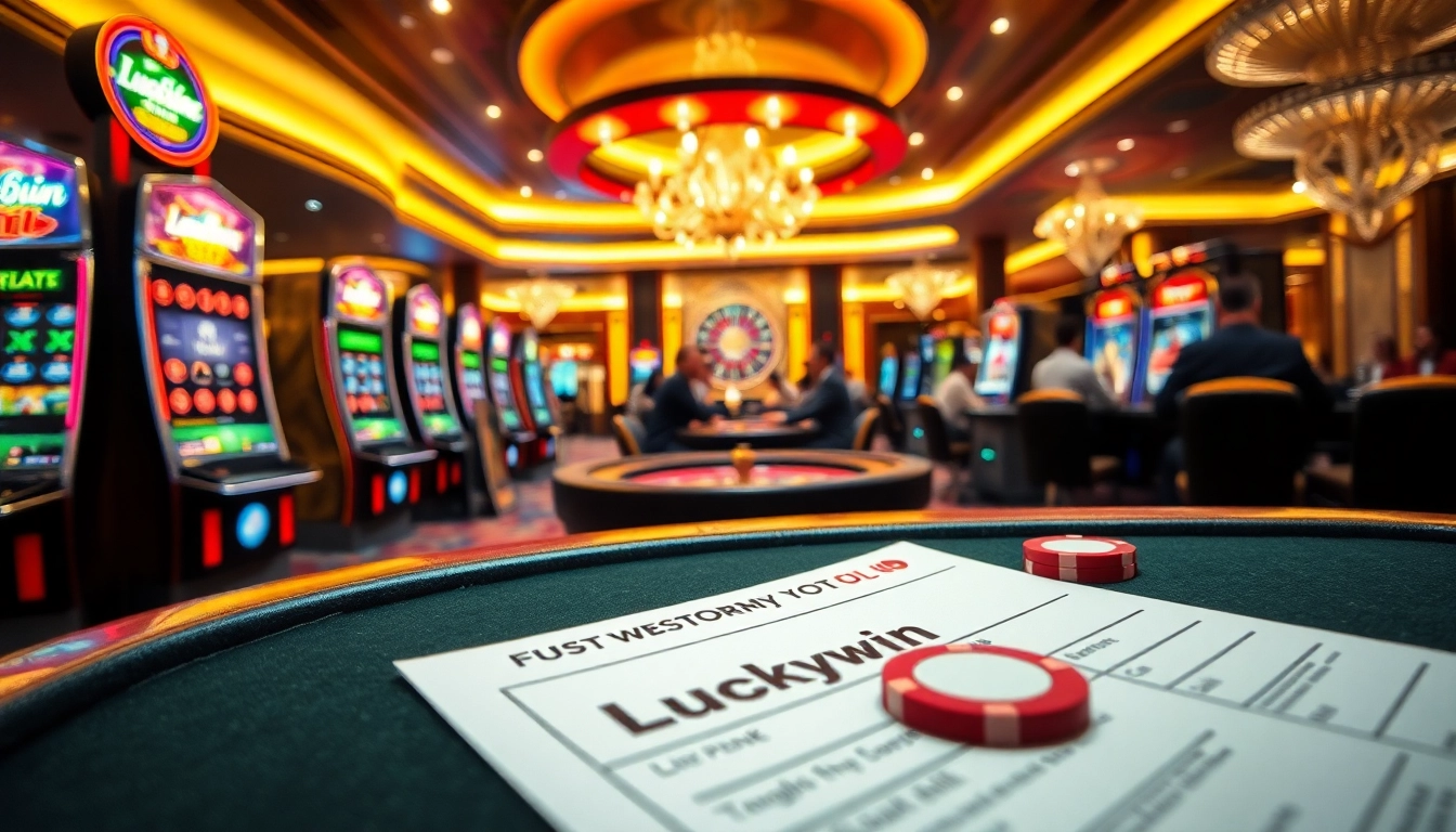 Exciting casino scene featuring Luckywin branded tables, thrilling games, and vibrant decorations.