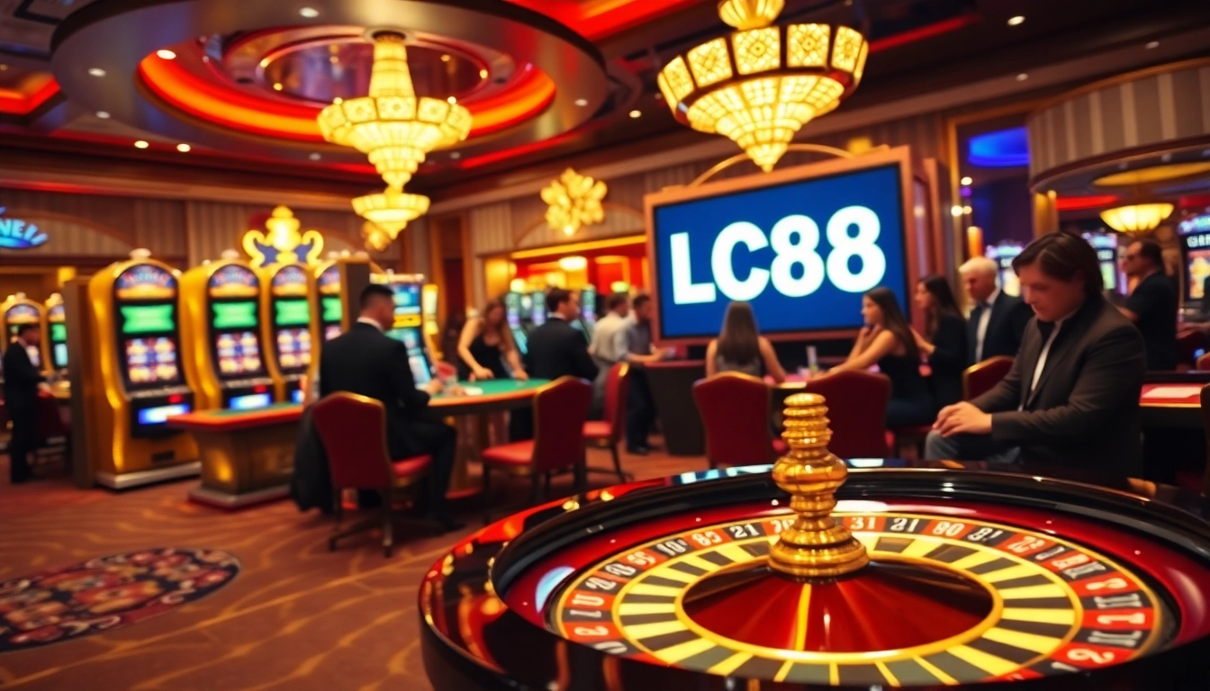 Players enjoying high-stakes gambling at the luxurious LC88 casino with roulette and poker tables.