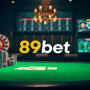 Engaging casino scene with poker chips, cards, and roulette wheel showcasing 89bet branding.