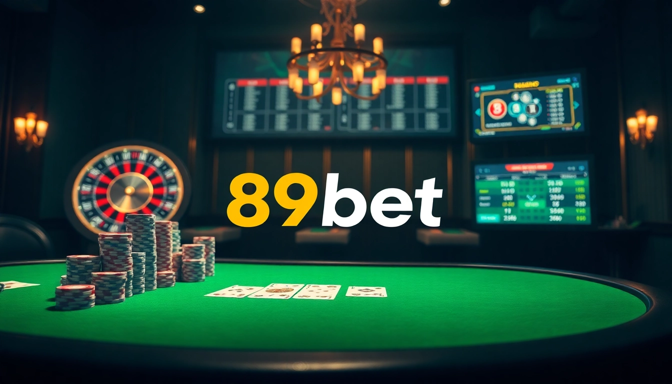 Engaging casino scene with poker chips, cards, and roulette wheel showcasing 89bet branding.