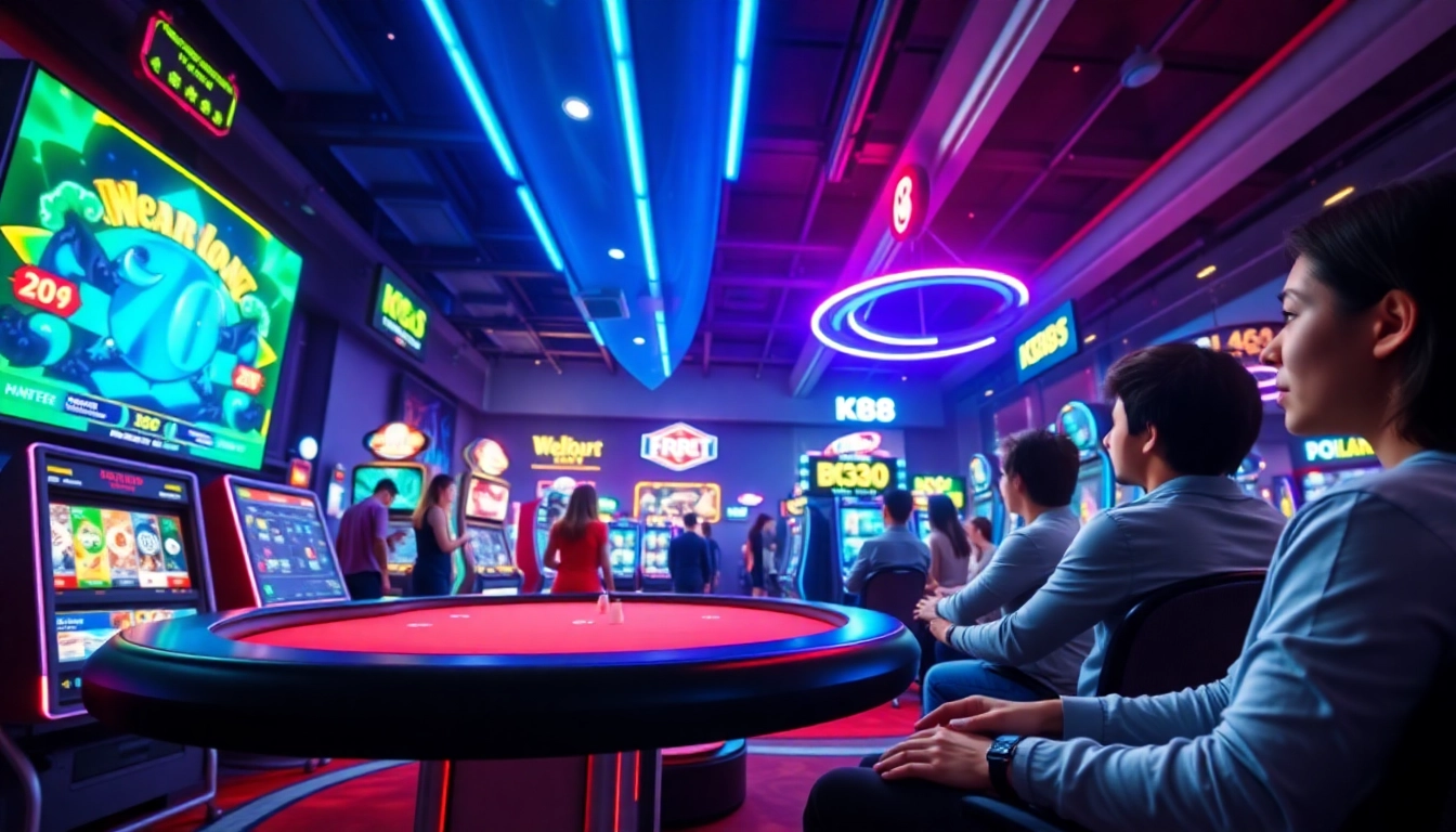 K88 online gaming environment highlighting vibrant slot machines and poker tables.